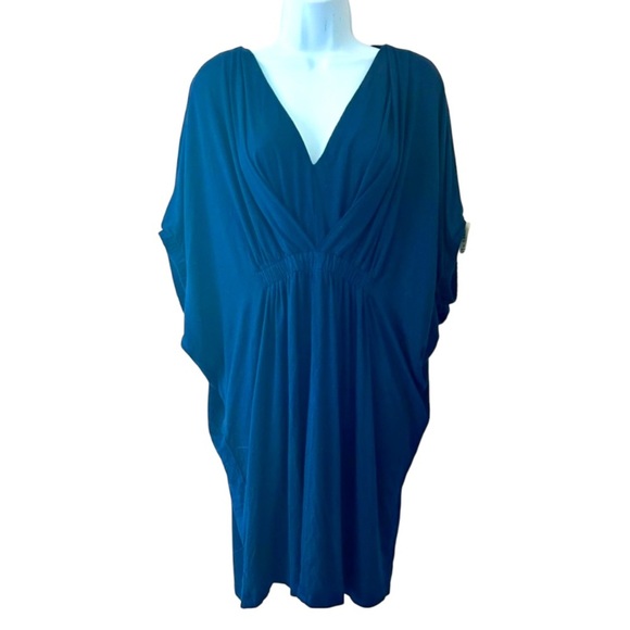 TRINA TURK Ruched V Neck Tunic Top Dress Beach Swim Cover Navy Size 8 - Picture 2 of 9